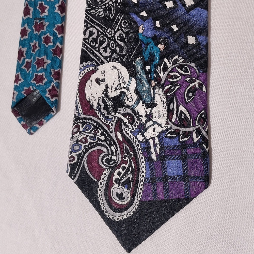 Rockmount Ranch Wear Mens Silk Tie Cowboy Bronco Paisley Plaid USA Purple Blue